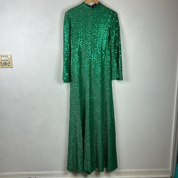 Vintage Mollie Parnis Boutique 1960’s long emerald green sequin mock neck gown - Picture 5 of 13